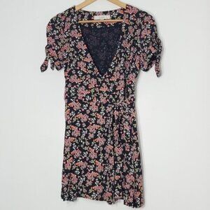Loft Women's Black Floral Short Sleeve Side tie Wrap-Front V-Neck Romper Dress 0